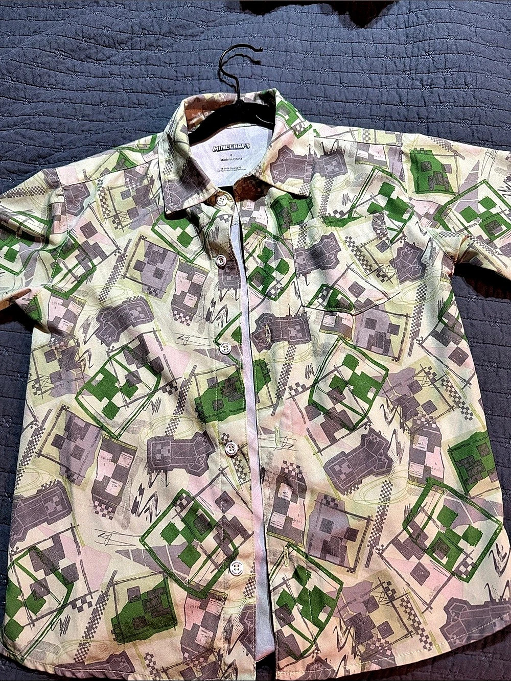 Minecraft Button Down Shirt in Green & Grey